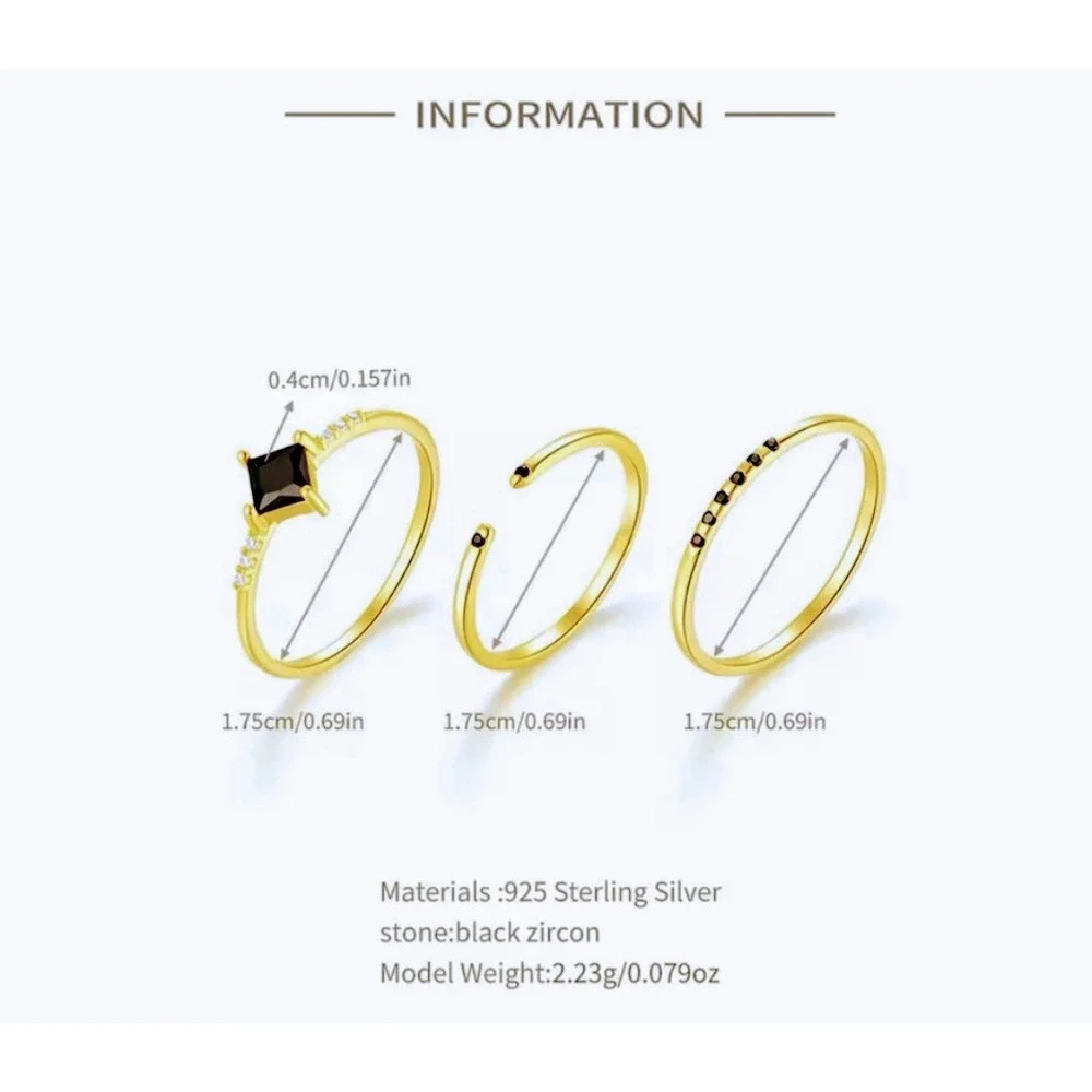 NEW Women's Dainty 14k Gold Plated S925 Black‎ Melee Diamond Ring Size 6